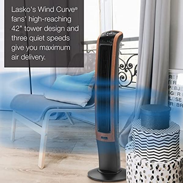 Lasko Oscillating Wind Curve Tower Fan, Bluetooth Technology, 3 Quiet Speeds, for Bedroom, Living Room & Office, 42", Woodgrain, T42905