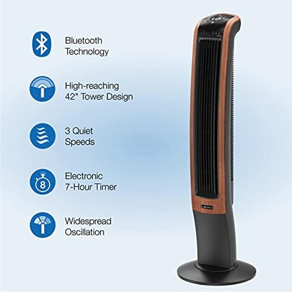 Lasko Oscillating Wind Curve Tower Fan, Bluetooth Technology, 3 Quiet Speeds, for Bedroom, Living Room & Office, 42", Woodgrain, T42905