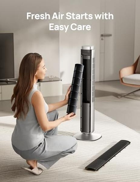 Dreo Tower Fan for Bedroom, Smart Bladeless Fan with 12 Speeds 4 Modes DC Motor, 28ft/s Velocity, 90° Oscillating, 12H Timer, 42" Floor Standing Fans for Home Living Room, 25dB Qui