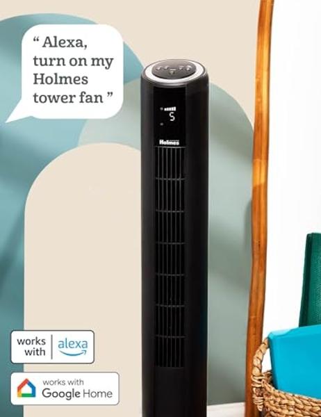 HOLMES 42" SmartConnect WI-FI Digital Tower Fan, ClearRead Display, Alexa Voice Control, 90° Oscillation, 5 Speeds, 4 Modes, 8-Hour Timer, Home, Bedroom or Office, Remote Control, 