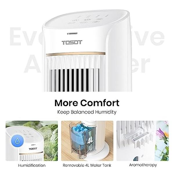 TOSOT Tower Fan Oscillating 80°, Cooling Fan with 2 Ice Packs, CFM 360m³/h, 3 Speed Quiet Fan with Remote Control, 7 Hours Timer, Humidifiers with Removable 4L Water Tank, Floor Fa