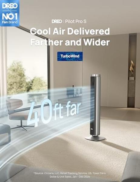 Dreo Tower Fan for Bedroom, Smart Bladeless Fan with 12 Speeds 4 Modes DC Motor, 28ft/s Velocity, 90° Oscillating, 12H Timer, 42" Floor Standing Fans for Home Living Room, 25dB Qui