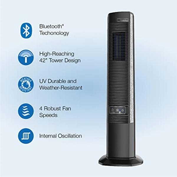 Lasko 42" Portable Outdoor Tower Fan with Bluetooth Technology for Decks, Patios and Porches with 4 Speeds, Night Mode, Internal Oscillation, Black, YF200, Large