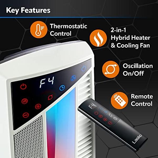 Lasko Oscillating Hybrid Fan and Space Heater for Home, All Season High Velocity Hybrid with Tip-Over Switch, Remote Control, Timer and Thermostat, 37.5 Inches, White, 1500W, FHV82