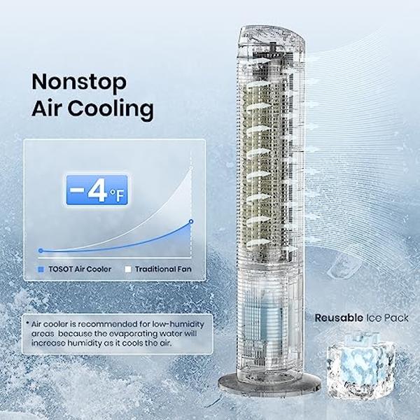 TOSOT Tower Fan Oscillating 80°, Cooling Fan with 2 Ice Packs, CFM 360m³/h, 3 Speed Quiet Fan with Remote Control, 7 Hours Timer, Humidifiers with Removable 4L Water Tank, Floor Fa