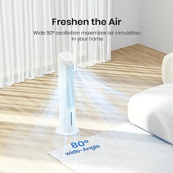 TOSOT Tower Fan Oscillating 80°, Cooling Fan with 2 Ice Packs, CFM 360m³/h, 3 Speed Quiet Fan with Remote Control, 7 Hours Timer, Humidifiers with Removable 4L Water Tank, Floor Fa