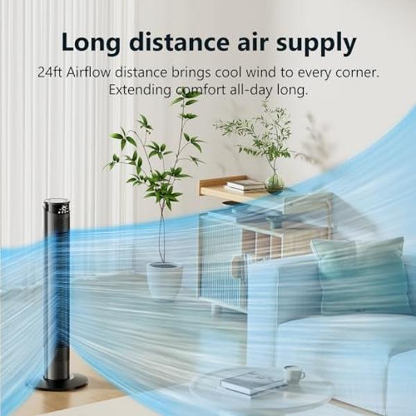 Lasko Oscillating Tower Fan, Remote Control, Ionizer, 3 Speeds, Timer, for Bedroom, Office, Kitchen 42", Black, T42950