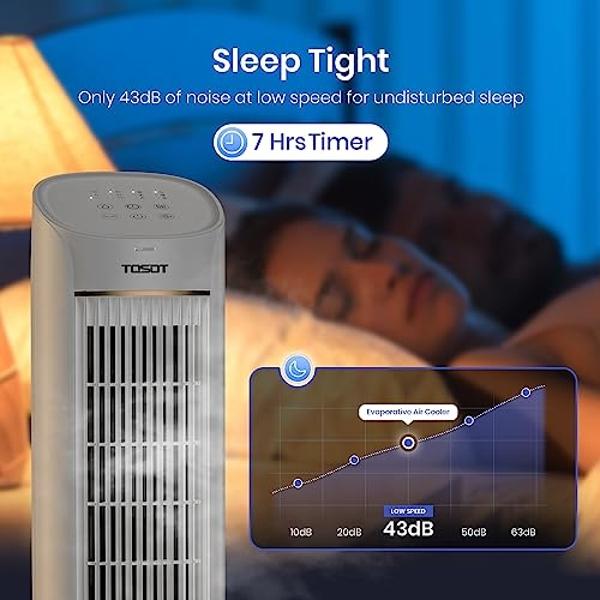 TOSOT Tower Fan Oscillating 80°, Cooling Fan with 2 Ice Packs, CFM 360m³/h, 3 Speed Quiet Fan with Remote Control, 7 Hours Timer, Humidifiers with Removable 4L Water Tank, Floor Fa