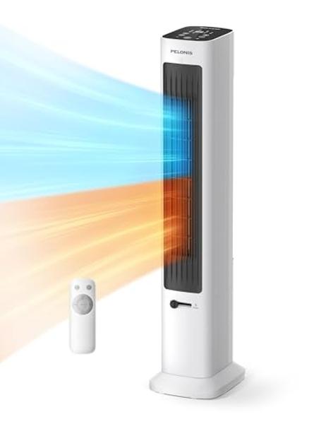 PELONIS Oscillating Tower Fan and Heater Combo with Remote Control - Heater Fan Combo for Indoor Use – 3 Fan and 2Heater Speeds, 12-HR Timer, ECO Mode, Tip Over and Overheat Protec