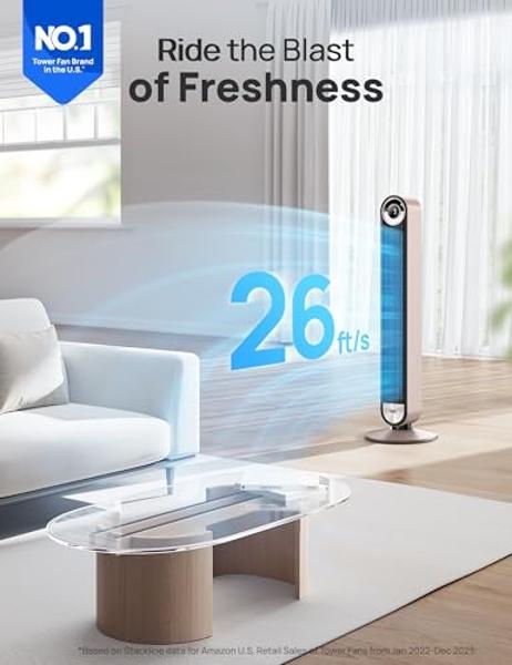 Dreo Smart Tower Fans for Home, 90° Oscillating Fan Bedroom Indoors, Voice Control Floor with 12H Timer, 42 Inch Quiet Bladeless Standing LED Display, 9 Speeds, Work Alexa/Google