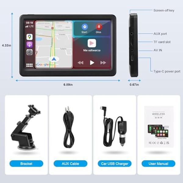 Wireless Apple Carplay Screen for Car, 7" HD Touch Screen Portable Car Stereo for Carplay & Android Auto, Pantalla para Carros with Bluetooth, AUX, FM Transmitter, Voice Control (B