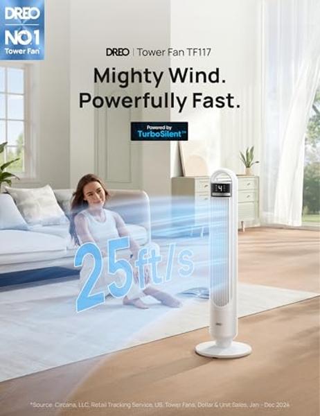 Dreo Tower Fan for Bedroom, 90° Oscillating Fan, Standing Fan with 3 Modes, 4 Speeds, 8H Timer Cooling Fans for Home, Living Room, Office, White, TF117