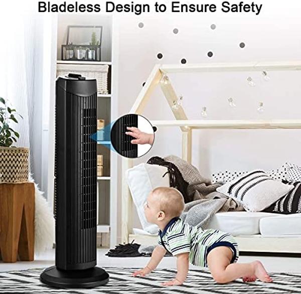 FANTASK Tower Fan, 28 Inch Quiet Oscillating Fan, 3 Wind Speeds & Modes, Bladeless Standing Cooling Fan, Air Circulator Fan for Home Office Kitchen, Floor Fan for Bedroom Room (Bla