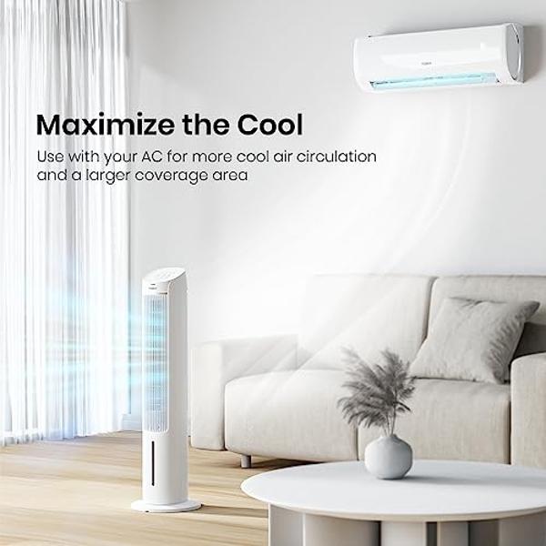 TOSOT Tower Fan Oscillating 80°, Cooling Fan with 2 Ice Packs, CFM 360m³/h, 3 Speed Quiet Fan with Remote Control, 7 Hours Timer, Humidifiers with Removable 4L Water Tank, Floor Fa
