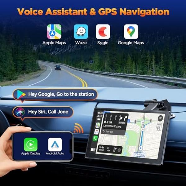 Volam 9'' Wireless Carplay Screen for Car with 4K Dash Cam, 1080p Backup Camera, Carplay Screen Compatible with Apple Android Auto, Mirror Link, Loop Recording, GPS Navigation, AUX