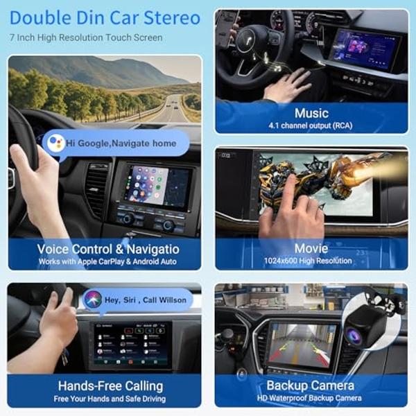 Haudio Wireless Double Din Car Stereo with 7" HD Touchscreen | CarPlay & Android Auto | Backup Camera | Bluetooth GPS Navigation | FM/AM | All Vehicles