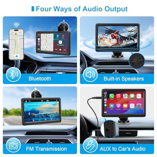 Wireless Apple Carplay Screen for Car, 7" HD Touch Screen Portable Car Stereo for Carplay & Android Auto, Pantalla para Carros with Bluetooth, AUX, FM Transmitter, Voice Control (B