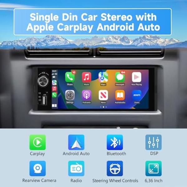 Pyniro Single Din Car Stereo, 6.36 Inch CarPlay & Android Auto HD IPS Touchscreen Radio with Bluetooth with Backup Camera, Support USB Type-C Charging/USB/Mirror Link/Microphone/FM