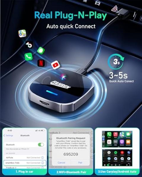FAHREN 3rd-Gen Wireless Carplay Adapter, Mini Apple Carplay & Android Auto Wireless Adapter for Car, Support Netflix/YouTube/TF Card, No Lag, Plug and Play, Only Fit with iPhone 8+