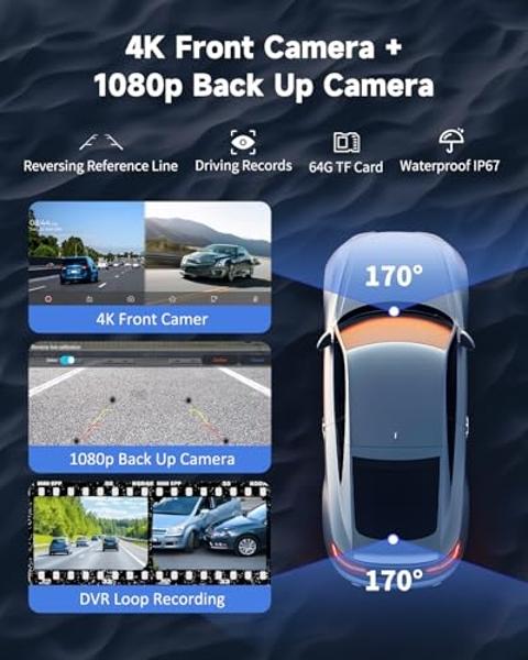 Kuayvan Wireless Carplay Screen for Car - 10.26 Inch Car Stereo Wireless Car Play & Android Auto Touch Screen, with 4K Dash Cam, Backup Camera, GPS Navigation, Voice Control,Blueto