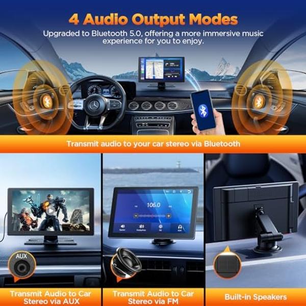 Volam 9'' Wireless Carplay Screen for Car with 4K Dash Cam, 1080p Backup Camera, Carplay Screen Compatible with Apple Android Auto, Mirror Link, Loop Recording, GPS Navigation, AUX