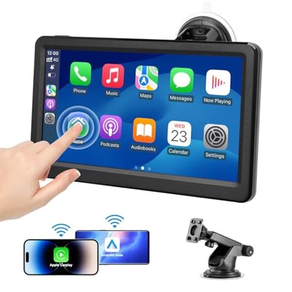 Wireless Apple Carplay Screen for Car, 7" HD Touch Screen Portable Car Stereo for Carplay & Android Auto, Pantalla para Carros with Bluetooth, AUX, FM Transmitter, Voice Control (B