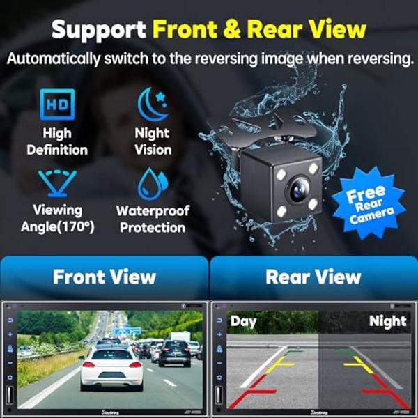 Double Din Car Stereo with Wireless Apple Carplay, Android Auto, 7 Inch Full HD Capacitive Touchscreen - Bluetooth, 4-Channel RCA, High Power, Subwoofer, Backup Camera, Steering Wh