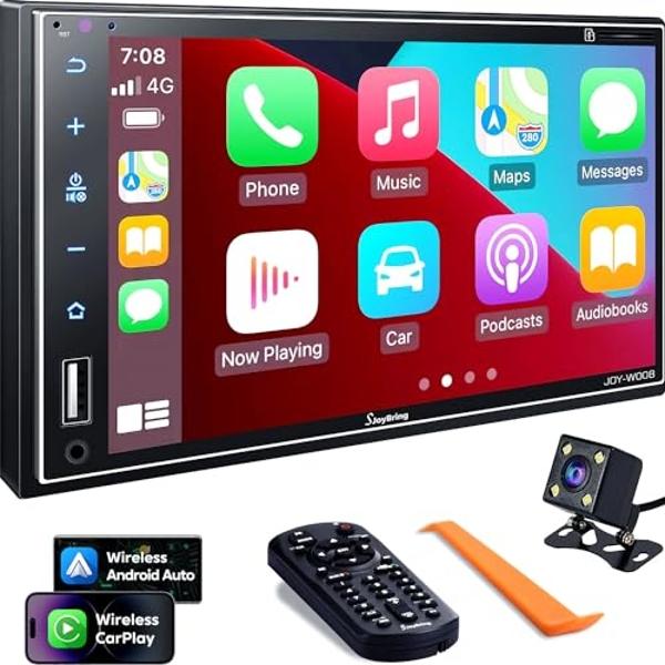 Double Din Car Stereo with Wireless Apple Carplay, Android Auto, 7 Inch Full HD Capacitive Touchscreen - Bluetooth, 4-Channel RCA, High Power, Subwoofer, Backup Camera, Steering Wh