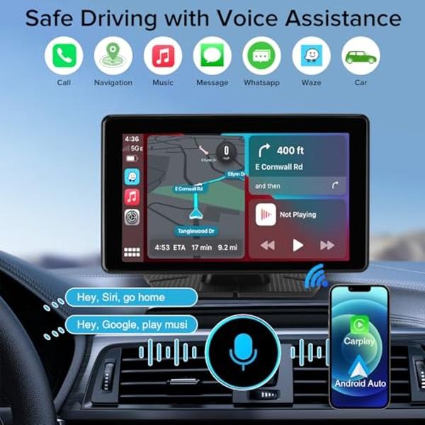 Apple Carplay Screen for Car, 7" HD Wireless Portable Touchscreen Car Stereo Android Auto with Voice Control, Backup Camera, Mirror Link, Bluetooth, GPS Navigation