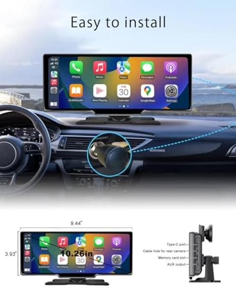 CHOVE Wireless Apple Carplay Screen for Car, 10.26" Apple Car Play & Android Auto Screen,Touchscreen with Backup Camera,Dash cam,Support GPS,Siri/Google,Bluetooth,AUX,Mirror Link,F