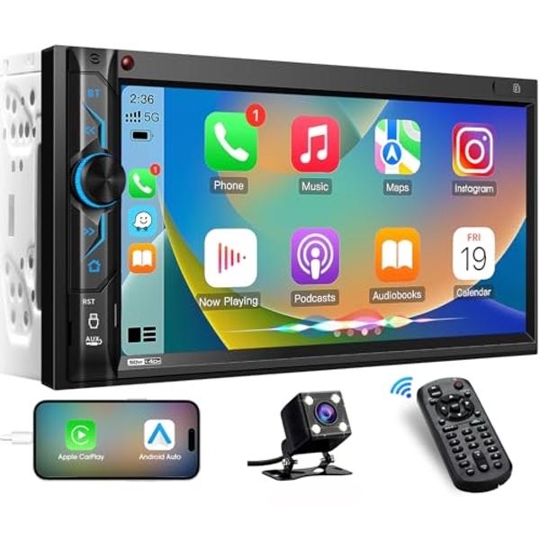 Double Din Car Stereo Receiver: CarPlay Android Auto Car Digital Multimedia System - Bluetooth 7 Inch Touchscreen MirrorLink AM FM Radio USB SD Aux-in HD Backup Camera Audio Output
