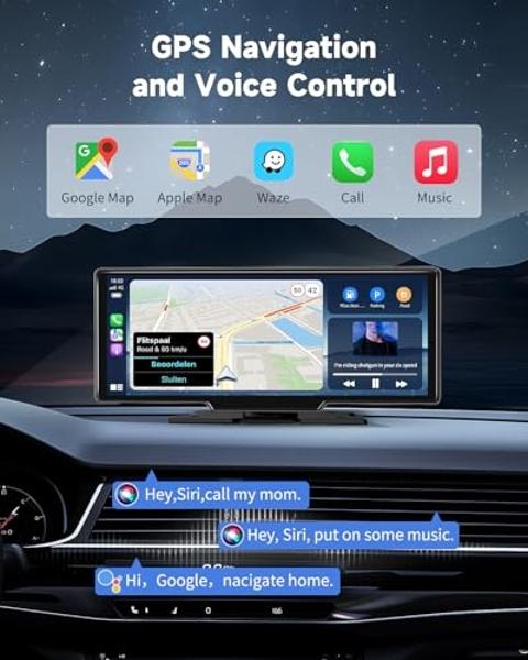 Kuayvan Wireless Carplay Screen for Car - 10.26 Inch Car Stereo Wireless Car Play & Android Auto Touch Screen, with 4K Dash Cam, Backup Camera, GPS Navigation, Voice Control,Blueto