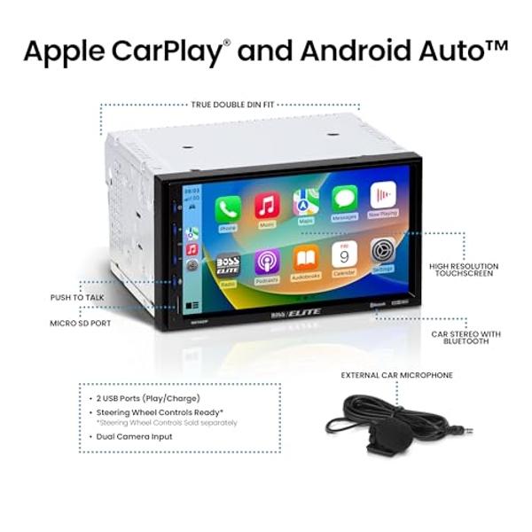 BOSS Audio Systems Elite BE7ACP Car Stereo - 7" Display, Apple CarPlay & Android Auto Head Unit, Double DIN Touch Screen Car Stereo, Bluetooth, AM/FM Radio Receiver, USB, SD, No CD