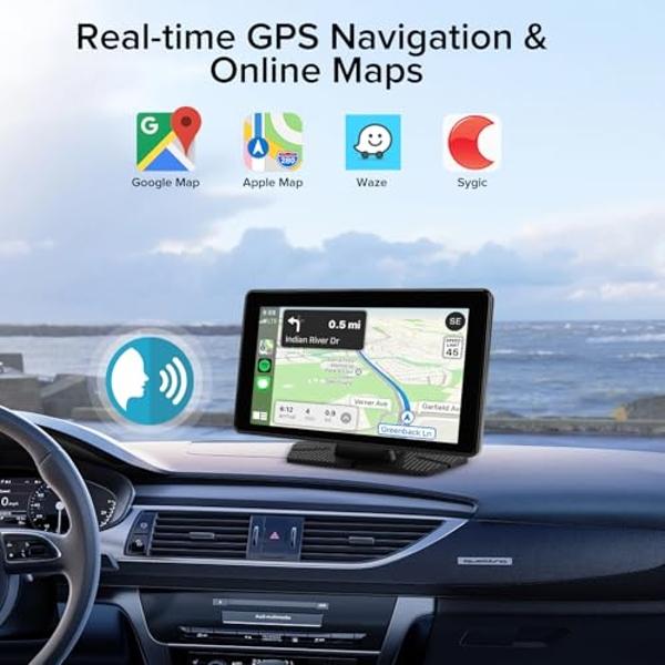 Apple Carplay Screen for Car, 7" HD Wireless Portable Touchscreen Car Stereo Android Auto with Voice Control, Backup Camera, Mirror Link, Bluetooth, GPS Navigation