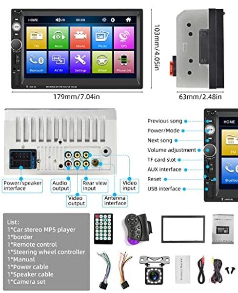 UNITOPSCI Double Din Car Stereo 7 Inch Touch Screen Car Audio Radio with Bluetooth Audio Hands-Free Calls Backup Camera FM Radio Receiver Car MP5 Player Support Mirror Link AUX-in 