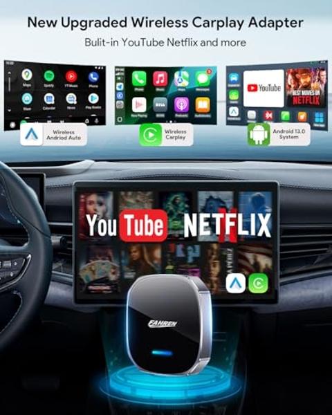 FAHREN 3rd-Gen Wireless Carplay Adapter, Mini Apple Carplay & Android Auto Wireless Adapter for Car, Support Netflix/YouTube/TF Card, No Lag, Plug and Play, Only Fit with iPhone 8+