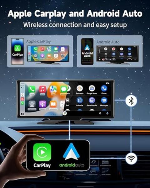 Kuayvan Wireless Carplay Screen for Car - 10.26 Inch Car Stereo Wireless Car Play & Android Auto Touch Screen, with 4K Dash Cam, Backup Camera, GPS Navigation, Voice Control,Blueto