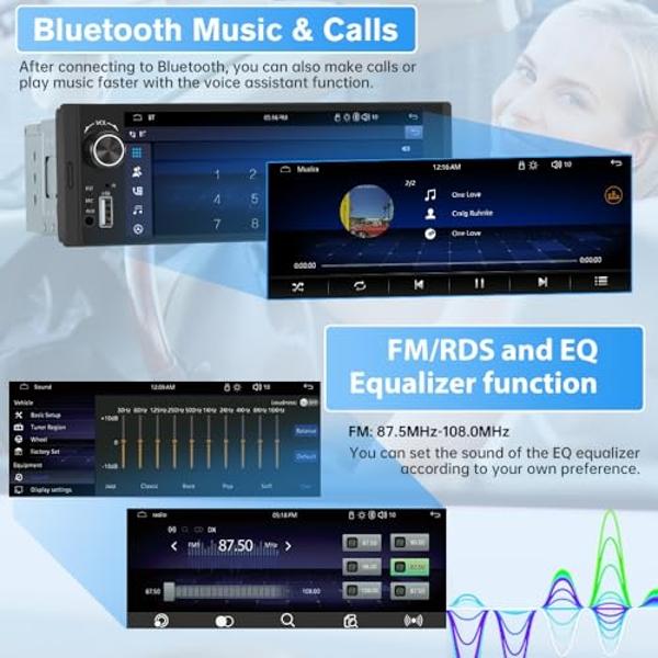 Pyniro Single Din Car Stereo, 6.36 Inch CarPlay & Android Auto HD IPS Touchscreen Radio with Bluetooth with Backup Camera, Support USB Type-C Charging/USB/Mirror Link/Microphone/FM