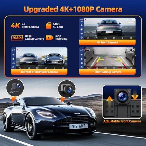 Volam 9'' Wireless Carplay Screen for Car with 4K Dash Cam, 1080p Backup Camera, Carplay Screen Compatible with Apple Android Auto, Mirror Link, Loop Recording, GPS Navigation, AUX