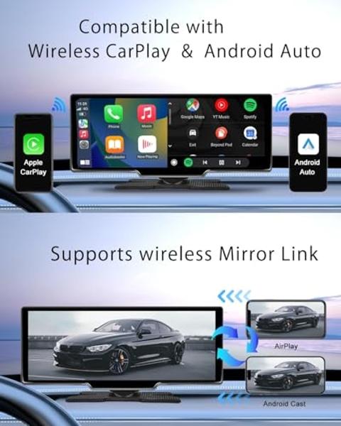 CHOVE Wireless Apple Carplay Screen for Car, 10.26" Apple Car Play & Android Auto Screen,Touchscreen with Backup Camera,Dash cam,Support GPS,Siri/Google,Bluetooth,AUX,Mirror Link,F