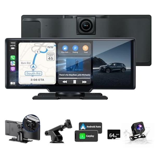 Kuayvan Wireless Carplay Screen for Car - 10.26 Inch Car Stereo Wireless Car Play & Android Auto Touch Screen, with 4K Dash Cam, Backup Camera, GPS Navigation, Voice Control,Blueto