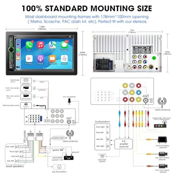 Double Din Car Stereo Receiver: CarPlay Android Auto Car Digital Multimedia System - Bluetooth 7 Inch Touchscreen MirrorLink AM FM Radio USB SD Aux-in HD Backup Camera Audio Output