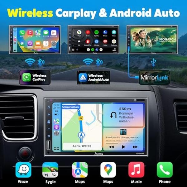 Double Din Car Stereo with Wireless Apple Carplay, Android Auto, 7 Inch Full HD Capacitive Touchscreen - Bluetooth, 4-Channel RCA, High Power, Subwoofer, Backup Camera, Steering Wh