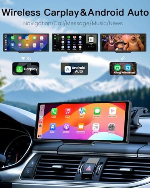 10.26 inch Wireless CarPlay Touchscreen for Car: 4K Dash Cam Car Play Screen with Carplay & Android Auto Portable Car Stereo 1080p Backup Camera Auto Brightness GPS Navigation Blue