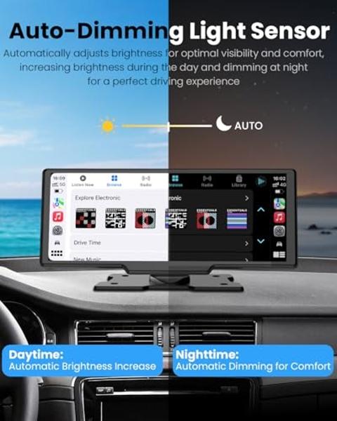 10.26 inch Wireless CarPlay Touchscreen for Car: 4K Dash Cam Car Play Screen with Carplay & Android Auto Portable Car Stereo 1080p Backup Camera Auto Brightness GPS Navigation Blue