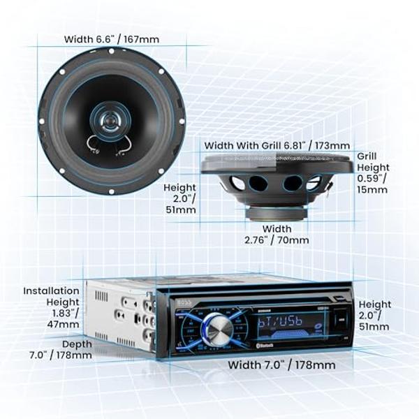 BOSS Audio Systems 656BCK Car Stereo Package - Single Din, Bluetooth, CD MP3 USB AM FM Radio, 6.5 Inch 2 Way Full Range Speakers, Black