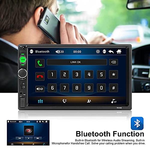 Hikity Double Din Car Stereo Car Radio with Bluetooth 7 Inch Touchscreen Car Audio with FM/Hands Free Calling/Mirror Link/USB/TF/FM/AUX/EQ/Rear View Camera/Remote Control + Frame