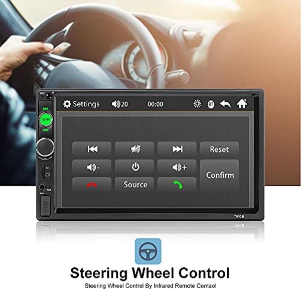 Hikity Double Din Car Stereo Car Radio with Bluetooth 7 Inch Touchscreen Car Audio with FM/Hands Free Calling/Mirror Link/USB/TF/FM/AUX/EQ/Rear View Camera/Remote Control + Frame