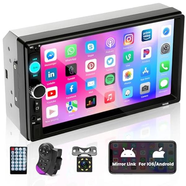 Hikity Double Din Car Stereo Car Radio with Bluetooth 7 Inch Touchscreen Car Audio with FM/Hands Free Calling/Mirror Link/USB/TF/FM/AUX/EQ/Rear View Camera/Remote Control + Frame