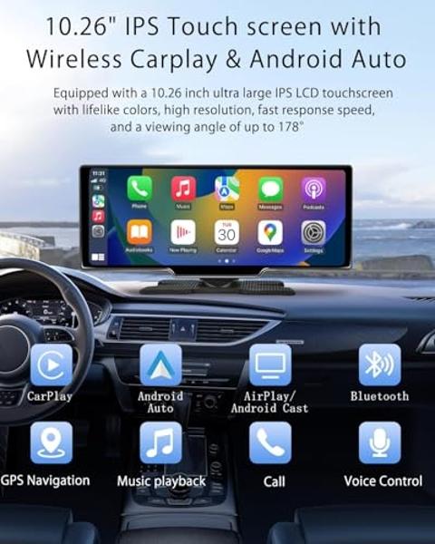 CHOVE Wireless Apple Carplay Screen for Car, 10.26" Apple Car Play & Android Auto Screen,Touchscreen with Backup Camera,Dash cam,Support GPS,Siri/Google,Bluetooth,AUX,Mirror Link,F